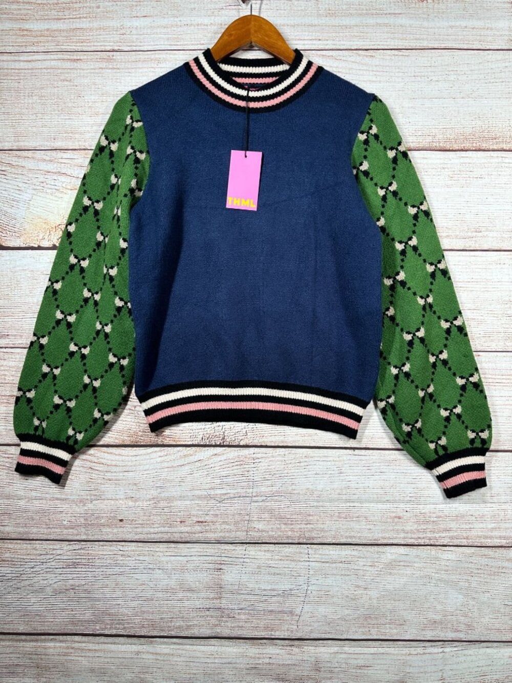 THML Women’s M Navy Green Argyle Sleeve Colorblock Knit Sweater NWT